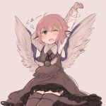  1girl animal_ears bird_ears bird_wings blush brown_dress brown_legwear dress earrings eyebrows_visible_through_hair feathered_wings green_eyes grey_background hand_up highres inazakura00 jewelry long_sleeves looking_at_viewer mystia_lorelei neck_ribbon one_eye_closed pink_hair ribbon round_teeth simple_background sitting solo spread_wings stretch teeth thighhighs touhou upper_teeth wings yawning 