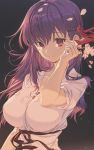  1girl breasts collarbone commentary_request eyebrows_visible_through_hair fate/stay_night fate_(series) flower highres holding holding_flower hong large_breasts light_smile long_hair looking_at_viewer matou_sakura petals purple_eyes purple_hair ribbon shirt short_sleeves solo upper_body white_flower white_petals white_shirt 