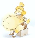  2019 animal_crossing animated anthro belly big_belly blonde_hair bouncing_belly canid canine canis clothed clothing domestic_dog female fur hair hand_on_stomach holding_belly isabelle_(animal_crossing) loop mammal morbidly_obese morbidly_obese_anthro morbidly_obese_female nintendo obese obese_anthro obese_female overweight overweight_anthro overweight_female ridiculouscake shih_tzu short_playtime simple_background smile solo toy_dog video_games yellow_body yellow_fur 
