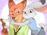  2016 4:3 anthro canid canine clothed clothing dipstick_ears disney duo female fox fully_clothed fur grey_body grey_fur holding_cup holding_object judy_hopps lagomorph leporid looking_at_viewer male mammal multicolored_ears necktie nick_wilde orange_body orange_fur pink_nose purple_background rabbit red_fox shirt simple_background smile toifshi topwear white_background zootopia 