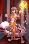  2019 5_fingers anthro breasts brown_hair felid female fingers hair holding_object holding_staff kaitycuddle long_hair looking_at_viewer mammal navel pantherine smile snow_leopard solo staff standing yellow_eyes 