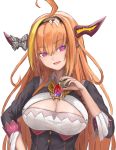  1girl ahoge breasts cleavage cleavage_cutout eyebrows_visible_through_hair headband highres hololive horn_ornament horns kiryuu_coco liquid long_hair open_mouth orange_hair pouring_onto_self solo tachikana virtual_youtuber white_background 
