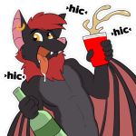  1:1 alcohol alpha_channel anthro beverage black_body black_fur bodily_fluids bottle canid canine chiropteran cup drooling ear_piercing ear_ring fox fur hair hiccuping kwik_(artist) male mammal membrane_(anatomy) membranous_wings neck_tuft piercing pink_nose razor_the_flying_fox-bat red_body red_cup red_fur red_hair saliva simple_background smile solo sticker telegram_stickers tongue tuft wings yellow_eyes 