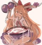  1girl absurdres bow chain cup fang gourd hair_bow hand_up highres horns ibuki_suika inazakura00 long_hair looking_at_viewer neck_ribbon orange_eyes orange_hair pouring purple_bow red_bow ribbon sakazuki simple_background smile solo touhou very_long_hair white_background 