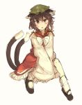  1girl animal_ears black_footwear brown_eyes brown_hair cat_ears cat_tail chen dress earrings green_headwear hat highres inazakura00 jewelry long_sleeves looking_at_viewer multiple_tails nekomata pantyhose parted_lips red_dress shoes simple_background solo tail touhou two_tails white_background white_legwear wide_sleeves 