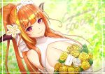  absurdres alternate_costume alternate_hairstyle bare_shoulders bouquet breasts bride cleavage cleavage_cutout closed_mouth eyebrows_visible_through_hair fang flower hair_flower hair_ornament highres hololive horns kiryuu_coco large_breasts long_hair long_ponytail looking_at_viewer meiruuuu. orange_hair skin_fang virtual_youtuber 