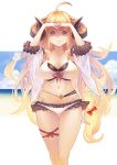  1girl ahoge anila_(granblue_fantasy) armpits arms_up bangs beach bikini blonde_hair blue_sky blunt_bangs breasts cleavage cloud day detached_sleeves draph eyebrows eyebrows_visible_through_hair flower granblue_fantasy hair_flower hair_ornament hair_ribbon highres horns large_breasts layered_bikini long_hair looking_at_viewer outdoors red_ribbon ribbon sheep_horns shimotsuki_eight short_eyebrows skindentation sky smile solo standing swimsuit thigh_ribbon very_long_hair white_bikini yellow_eyes 