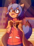 2020 3:4 5_fingers anthro blue_hair brand_new_animal building canid canine city clothed clothing fangs female fingers hair hi_res mammal michiru_kagemori open_mouth open_smile raccoon_dog short_hair signature smile solo studio_trigger symbianl tanuki 