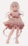  1girl barefoot blush braid closed_mouth contrapposto dress ebisu_eika hand_on_hip highres inazakura00 long_hair looking_at_viewer pink_dress red_eyes short_dress simple_background solo touhou twin_braids white_background white_hair 