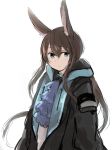  1girl absurdres amiya_(arknights) animal_ear_fluff animal_ears arknights black_coat blue_eyes blue_neckwear brown_hair bunny_ears closed_mouth coat commentary cravat eyebrows_visible_through_hair hair_between_eyes highres inazakura00 long_hair long_sleeves looking_at_viewer open_clothes open_coat ponytail sketch solo upper_body very_long_hair 