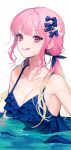  1girl absurdres bangs bare_shoulders blunt_bangs blush breasts cleavage collarbone commentary_request highres long_hair looking_at_viewer medium_breasts original oyabuli pink_eyes pink_hair simple_background sleeveless solo tongue tongue_out twintails water wet white_background 