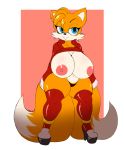  2020 2_tails anthro areola big_breasts black_nose breasts canid canine clothing crossgender digital_media_(artwork) eyebrows female fox front_view hi_res huge_breasts legwear mammal miles_prower mtf_crossgender multi_tail nipples signature simple_background smile solo sonic_the_hedgehog_(series) suirano thick_thighs 