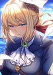  1girl bangs blue_eyes blue_jacket blue_sky blush braid brooch cloud crown_braid english_commentary envelope eyebrows_visible_through_hair hair_between_eyes hair_intakes highres jacket jewelry looking_down pink_lips red_ribbon ribbon sidelocks sky strap tenmuki violet_evergarden violet_evergarden_(character) water white_neckwear 