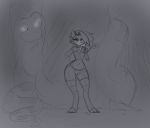  absurd_res anthro black_and_white bottomwear canid canine canis clothing digital_media_(artwork) digitigrade duo english_text female feral fluffy fluffy_tail forked_tongue hair helluva_boss hi_res iamaneagle_(artist) jungle_book kaa_(jungle_book) leggings legwear loona_(vivzmind) male mammal monochrome navel reptile ringed_eyes scalie shirt shorts size_difference snake tank_top text tongue topwear tree wide_hips wolf 