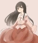  1girl black_hair blouse bow bowtie brown_eyes closed_mouth floating_hair grey_background highres houraisan_kaguya inazakura00 long_hair long_sleeves looking_at_viewer pink_blouse red_skin simple_background smile solo standing touhou white_bow white_neckwear 