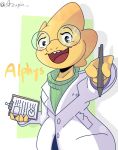  alphys anthro blush buckteeth clipboard clothed clothing coat english_text eyewear female foreshortening freckles front_view fully_clothed glasses hi_res holding_clipboard holding_object holding_pen lab_coat looking_at_viewer open_mouth open_smile pen reptile scales scalie signature simple_background smile solo sweater teeth text topwear undertale video_games wide_hips yellow_body yellow_scales zupin 