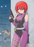  1girl bodysuit breasts cleavage closed_mouth dino_crisis fingerless_gloves gloves gun handgun highres leotard oyster_(artist) red_hair regina_(dino_crisis) short_hair skin_tight spandex weapon 