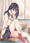  1girl bangs bare_thighs black_hair black_skirt blue_eyes cardigan chair classroom closed_eyes collared_shirt curtains desk earbuds earphones eyebrows_visible_through_hair gridman_(character) highres kaijuu medium_hair millipen_(medium) on_desk pleated_skirt red_legwear red_neckwear school_chair school_desk school_uniform scrunchie sezoku shirt sitting sitting_on_desk skirt smile socks solo ssss.gridman takarada_rikka thighs traditional_media uniform white_shirt window wrist_scrunchie 