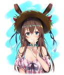  :d alternate_costume amiya_(arknights) animal_ears aqua_choker aqua_eyes arknights arm_at_side bangs bare_shoulders bikini bikini_under_clothes blue_bikini blue_ribbon blush breasts brown_hair bunny_ears choker cleavage commentary_request crossed_bangs detached_sleeves disconnected_mouth dot_nose english_text eyebrows_visible_through_hair finger_to_chin flower frilled_shirt frilled_sleeves frills hand_up hat hat_flower hat_ribbon highres long_hair looking_at_viewer medium_breasts multiple_rings open_mouth outdoors pink_shirt plaid plaid_shirt rainbow_hair_shine ribbon shiny shiny_hair shiny_skin shirt short_sleeves sidelocks smile straw_hat summer sun_hat swimsuit symbol_commentary togo_(korlsj1235) upper_body water white_background 