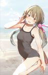  1girl bangs beach black_swimsuit blunt_bangs blush brown_hair cloud commentary_request flip-flops fuu_fuu highres looking_at_viewer natori_sana ocean one-piece_swimsuit open_mouth red_eyes sana_channel sandals sky solo standing standing_on_one_leg swimsuit twintails wet 