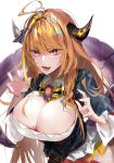  1girl ahoge breasts cleavage cleavage_cutout dragon_girl dragon_tail hololive horns kiryuu_coco large_breasts looking_at_viewer open_mouth orange_hair pvc_parfait red_eyes solo tail tongue twitter_username upper_teeth virtual_youtuber white_background 