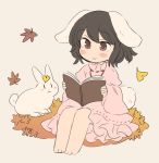  1girl :3 animal_ears barefoot black_hair blush_stickers book bunny bunny_ears bunny_tail chibi closed_mouth dress grey_background holding inaba_tewi inazakura00 leaf leaf_on_head long_sleeves maple_leaf open_book pink_dress reading red_eyes simple_background sitting smile solo tail touhou wide_sleeves 