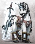  2020 beard black_hair blue_eyes cutie_mark digital_media_(artwork) equid equine eyebrows eyelashes facial_hair feral hair hasbro hi_res hooves horn male mammal melee_weapon my_little_pony mykegreywolf solo sword text unicorn url weapon 