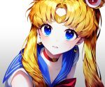  1girl absurdres bangs bishoujo_senshi_sailor_moon blonde_hair blue_eyes blue_sailor_collar breasts choker circlet cleavage clenched_teeth collarbone crescent crescent_earrings derivative_work earrings eyebrows_visible_through_hair eyelashes gradient gradient_background ha_youn hair_over_shoulder heart heart_choker highres jewelry korean_commentary long_hair parted_bangs red_choker sailor_collar sailor_moon sailor_moon_redraw_challenge screencap_redraw shiny shiny_hair simple_background solo sweatdrop teeth tsukino_usagi twintails white_background 