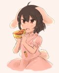  1girl ahoge animal_ears brown_hair bunny_ears bunny_tail carrot_necklace cowboy_shot dress eating food hands_up inaba_tewi inazakura00 looking_at_viewer open_mouth pink_dress puffy_short_sleeves puffy_sleeves quiche red_eyes short_sleeves simple_background solo tail touhou white_background 