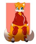  2020 2_tails anthro black_nose canid canine clothing crossgender digital_media_(artwork) eyebrows female fox front_view hi_res legwear looking_at_viewer mammal miles_prower mtf_crossgender multi_tail signature simple_background smile solo sonic_the_hedgehog_(series) suirano thick_thighs 