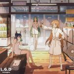  3girls :d arknights barefoot bathhouse bench black_hair breasts brown_hair cat_tail ch&#039;en_(arknights) cleavage closed_eyes copyright_name drinking fan green_hair hand_on_hip horns hoshiguma_(arknights) indoors lococo:p long_hair multiple_girls open_mouth short_hair sidelocks sitting smile soap_bottle standing swire_(arknights) tail towel very_long_hair weighing_scale wet wooden_floor 