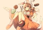  1girl absurdres ahoge animal_ears blush bread brooch bunny_ears diadem dress food grey_background highres holding inazakura00 jewelry long_dress long_hair looking_at_viewer melon_bread open_mouth orange_dress original parted_lips puffy_short_sleeves puffy_sleeves purple_eyes sash short_sleeves simple_background solo 