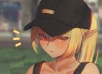  1girl black_tank_top blonde_hair bra bra_peek casual close-up dark_skin elf high_ponytail hololive jewelry long_hair looking_at_viewer necklace open_mouth pointy_ears red_bra red_eyes rocoroco1115 shiranui_flare solo surprised tank_top underwear virtual_youtuber 