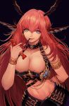  1girl absurdres arm_behind_back armlet belt black_choker black_nails bracelet breasts chain choker cleavage dungeon_and_fighter earrings grey_eyes heterochromia highres horns jewelry large_breasts leaning_forward long_hair mouth_hold navel purple_eyes red_hair simple_background solo very_long_hair wrapper yeond_(yeon04) 