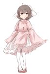  1girl ahoge animal_ears blush brown_hair bunny_ears carrot_necklace closed_mouth dress full_body highres inaba_tewi inazakura00 long_sleeves looking_at_viewer pink_dress red_eyes sandals short_hair simple_background sleeves_past_fingers sleeves_past_wrists solo thighhighs touhou white_background white_legwear 