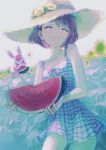  &gt;_&lt; 1girl :t animal blue_dress blush bunny closed_eyes closed_mouth dress eating eyebrows_visible_through_hair flower food fruit hanadera_nodoka hat hat_flower healin&#039;_good_precure healing_animal heart highres holding holding_food holding_fruit precure rabirin_(precure) rony short_hair signature spoken_heart straw_hat striped striped_dress sunflower swimsuit watermelon 