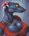  anthro big_breasts black_body black_scales breasts claws cleavage clothed clothing dew_dragon female flower forked_tongue hi_res holding_breast jewelry lizard monitor_lizard necklace non-mammal_breasts plant pupils reptile scales scalie simple_background slit_pupils solo tongue yellow_eyes 
