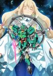  1girl beam_saber blonde_hair closed_eyes dress eve_(gundam_build_divers_re:rise) floating garimpeiro gundam gundam_build_divers gundam_build_divers_re:rise highres holding holding_sword holding_weapon long_hair looking_down mecha nepteight_gundam open_h open_mouth space sword very_long_hair weapon white_dress 