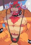  abs absurd_res anthro ashendawger beard bodily_fluids body_hair bracelet collar facial_hair hair hi_res horn jewelry koopa male mario_bros muscular muscular_male nintendo pecs red_eyes red_hair reptile scalie spiked_bracelet spiked_collar spikes sweat video_games 