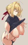  1girl ahoge bangs barlunn blonde_hair blush braid breasts breasts_outside clothes_lift fate/extra fate_(series) french_braid glasses green_eyes hair_between_eyes hair_bun hair_intakes highres large_breasts long_hair looking_at_viewer navel nero_claudius_(fate) nero_claudius_(fate)_(all) nipples panties red_panties shirt_lift side-tie_panties simple_background sketch sleeveless sleeveless_turtleneck smile thighs turtleneck underwear 