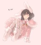  1girl animal_ears black_hair blush_stickers bunny_ears capelet carrot_print dress eyebrows_visible_through_hair food_print full_body fur-trimmed_capelet fur-trimmed_dress fur_trim grey_background highres inaba_tewi inazakura00 long_sleeves mittens neck_ribbon one_eye_closed pantyhose parted_lips paw_boots pink_capelet pink_dress pom_pom_(clothes) red_eyes red_ribbon ribbon short_hair simple_background solo touhou translation_request white_footwear white_legwear 