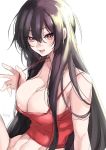  1girl bare_shoulders black_hair breasts cleavage collarbone commentary_request eyebrows_visible_through_hair eyes_visible_through_hair hair_between_eyes highres large_breasts long_hair looking_at_viewer navel no_panties open_mouth original simple_background sleeveless solo stomach takatsuki_ichi teeth tongue white_background 