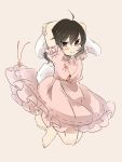  1girl animal_ears barefoot black_hair bunny_ears bunny_tail carrot_necklace dress eyebrows_visible_through_hair full_body grey_background hands_above_head hands_up highres inaba_tewi inazakura00 looking_at_viewer pink_dress red_eyes red_ribbon ribbon simple_background smile solo tail touhou 