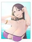  1girl adjusting_hair armlet armpits arms_up bangs bare_shoulders bikini breasts choker collarbone eyepatch_bikini fate/grand_order fate_(series) large_breasts long_hair looking_at_viewer masato_(mirai_koubou) minamoto_no_raikou_(fate/grand_order) minamoto_no_raikou_(swimsuit_lancer)_(fate) open_mouth parted_bangs purple_bikini purple_eyes purple_hair smile swimsuit very_long_hair 