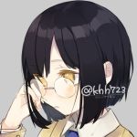  1girl artist_name black_hair black_neckwear blush bob_cut closed_mouth collar commentary_request frown glasses grey_background kawaii_rowa lowres no_pupils original portrait shiny shiny_hair shirt short_hair simple_background solo twitter_username white_collar wing_collar yellow_eyes yellow_shirt 