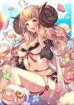  1girl ahoge anila_(granblue_fantasy) bangs bare_shoulders belly_chain bikini black_bikini blonde_hair blush breasts cleavage detached_sleeves draph granblue_fantasy homaderi horns innertube jewelry large_breasts long_hair looking_at_viewer navel open_mouth sheep sheep_horns short_eyebrows smile swimsuit thighs two-tone_bikini very_long_hair white_bikini wide_sleeves yellow_eyes 