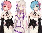  3girls blue_eyes blue_hair blue_ribbon blush breasts cleavage closed_mouth detached_sleeves emilia_(re:zero) eyebrows_visible_through_hair hair_ornament hair_over_one_eye hair_ribbon long_hair looking_at_viewer maid maid_headdress medium_breasts multiple_girls pink_hair purple_eyes ram_(re:zero) re:zero_kara_hajimeru_isekai_seikatsu red_eyes red_ribbon rem_(re:zero) ribbon short_hair smile white_background white_hair wide_sleeves x_hair_ornament zangyaacco 