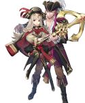  1boy 1girl anchor bangs black_footwear black_skirt blonde_hair boots coat coat_on_shoulders collarbone detached_sleeves epaulettes feathers fingernails fire_emblem fire_emblem_fates fire_emblem_heroes full_body grey_hair hat highres holding knee_boots long_sleeves looking_at_viewer male_focus official_art p-nekor pants parted_lips pirate_hat red_eyes red_legwear short_hair skirt thigh_boots thighhighs transparent_background veronica_(fire_emblem) xander_(fire_emblem) zettai_ryouiki 