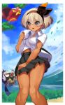  1girl bangs black_hairband black_skirt blonde_hair blush breasts cloud collared_shirt commentary_request dark_skin day eyelashes gen_8_pokemon hair_between_eyes hairband highres katwo_1 knees leaves_in_wind open_mouth outdoors pokemon pokemon_(creature) pokemon_(game) pokemon_swsh rookidee saitou_(pokemon) shiny shiny_skin shirt short_hair short_sleeves sizzlipede skirt sky sweat white_shirt 