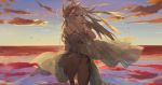  1girl animal_ears arknights bangs bare_shoulders cloud commentary eyebrows_visible_through_hair grey_hair hand_up koio long_hair looking_to_the_side outdoors platinum_(arknights) solo thighs 